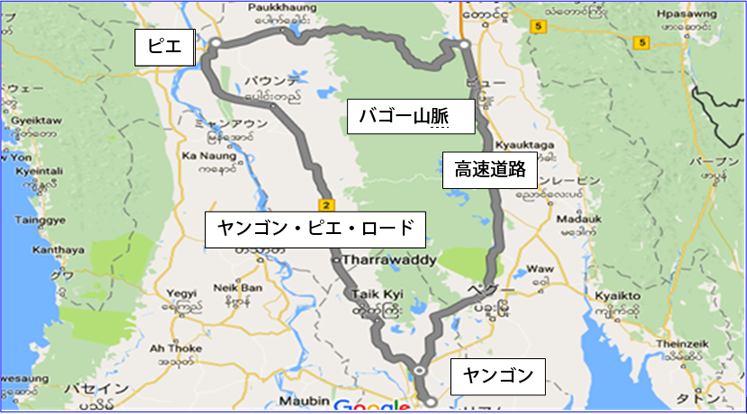 ヤンゴンからピエ迄の地図